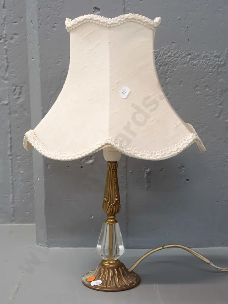 retro cast brass and glass small table or bedside lamp with panelled fabric shade H-400 Shade D-270 - some corrosion at Image 1++