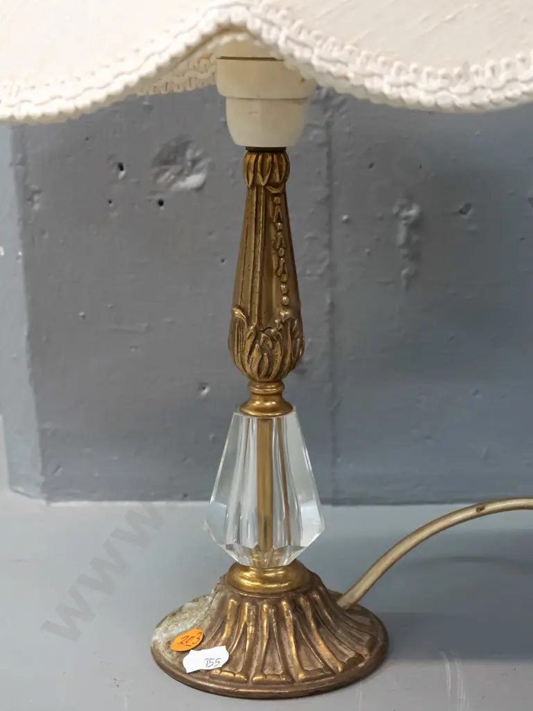 retro cast brass and glass small table or bedside lamp with panelled fabric shade H-400 Shade D-270 - some corrosion at Image 1++