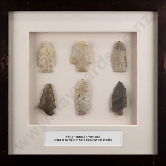 framed group of 6 American arrowheads H-290 W-290