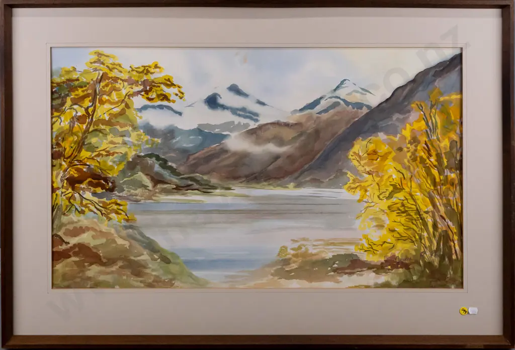 illegible signature - framed watercolour - lake & mountain scene H440 W740 Image 1++