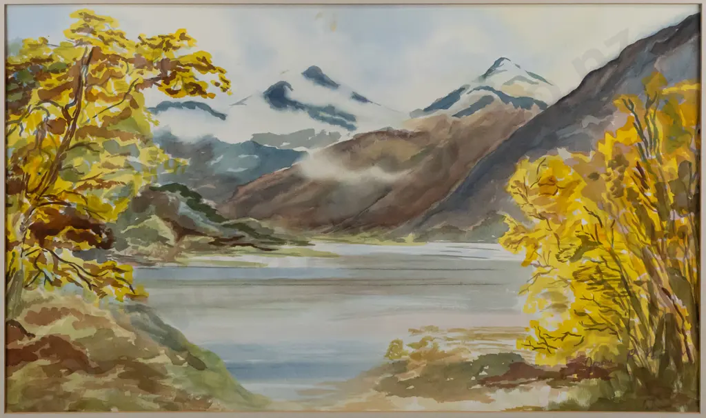 illegible signature - framed watercolour - lake & mountain scene H440 W740 Image 1++