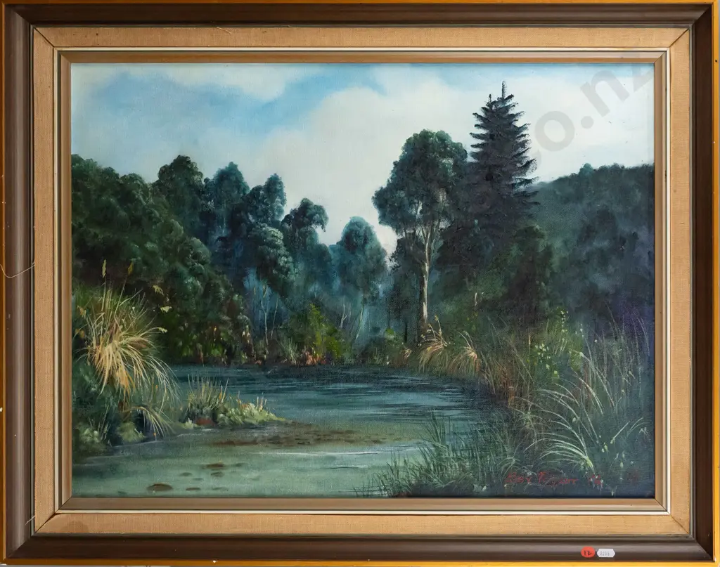 Bev Taylor '96 - framed oil on board "Murray's Mistake, Waitahanui River Taupo" H450 W590 Image 1++