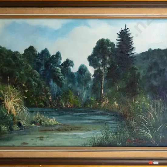 Bev Taylor '96 - framed oil on board "Murray's Mistake, Waitahanui River Taupo" H450 W590