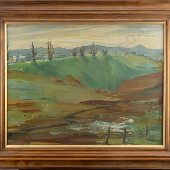 Dorothy White - framed oil on board "Rukuhi Landscape" H370 W480