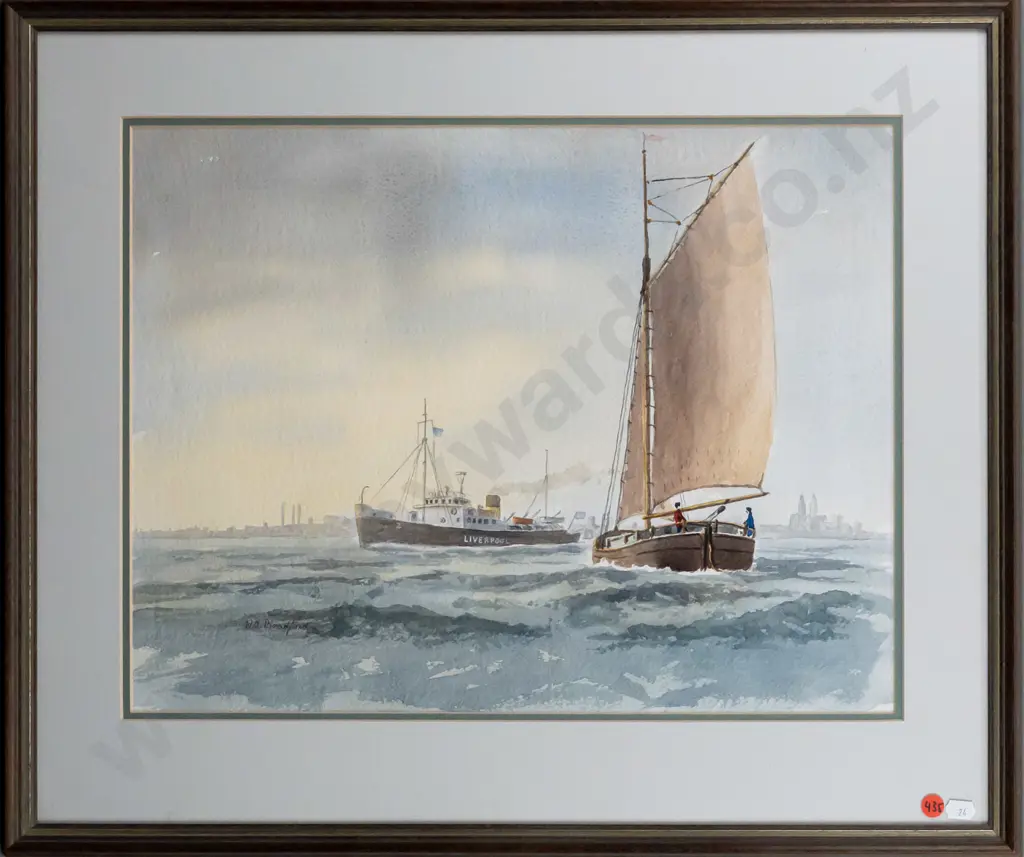 WA Bradford - framed watercolour - sailing ship and steam boat H360 W460 Image 1++
