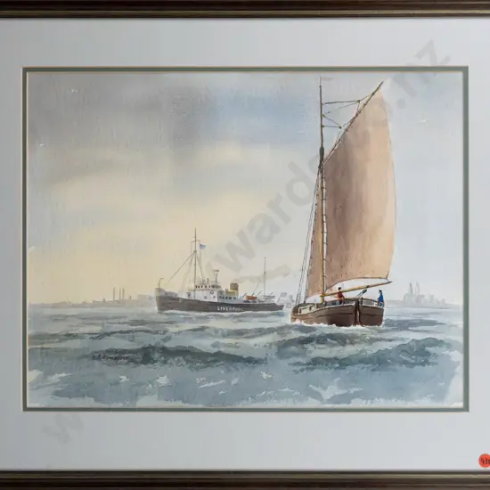 WA Bradford - framed watercolour - sailing ship and steam boat H360 W460