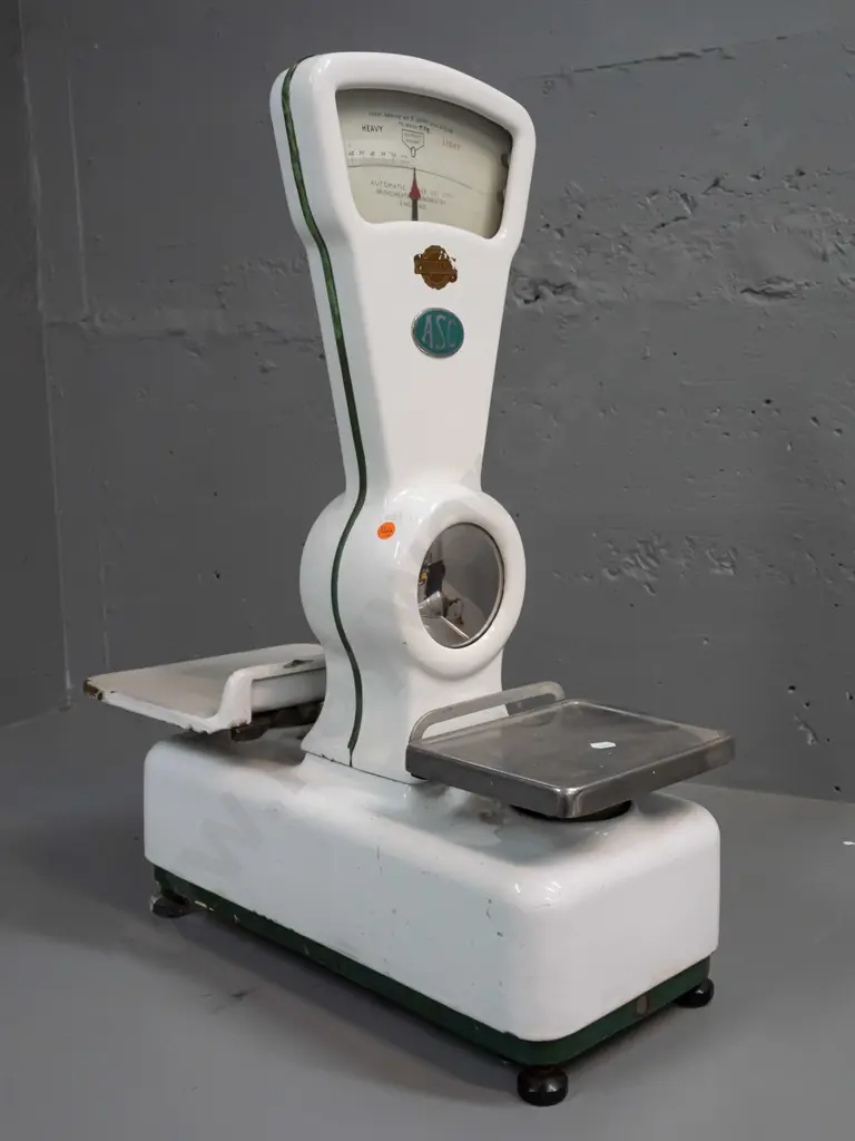 vintage commercial style Automatic Scale Company English platform scales with white enamel case - general age wear, some Image 1++