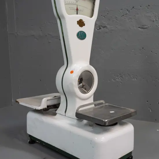 vintage commercial style Automatic Scale Company English platform scales with white enamel case - general age wear, some