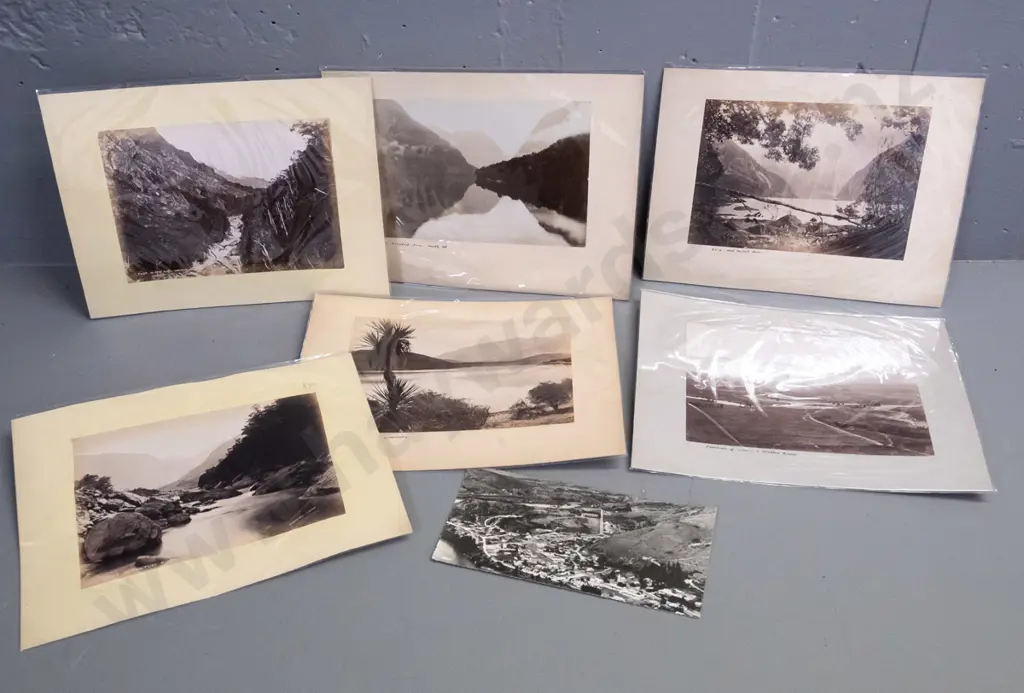 6 double sided cards with 12 vintage NZ scenic photos, 4 Burton Brothers and 8 others, some with original photo info Image 1++