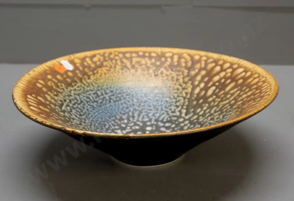 Danny Moorwood Dunedin studio pottery bowl - black exterior, mottled blue brown & gold interior H-90 D-290 Image 1++