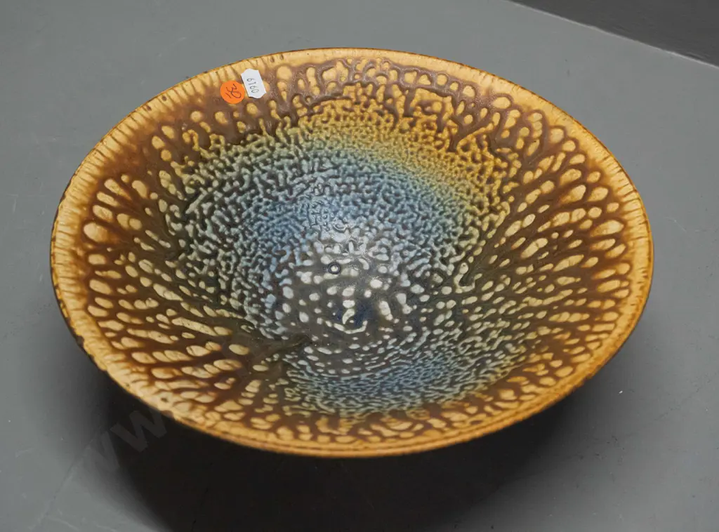 Danny Moorwood Dunedin studio pottery bowl - black exterior, mottled blue brown & gold interior H-90 D-290 Image 1++