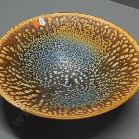 Danny Moorwood Dunedin studio pottery bowl - black exterior, mottled blue brown & gold interior H-90 D-290