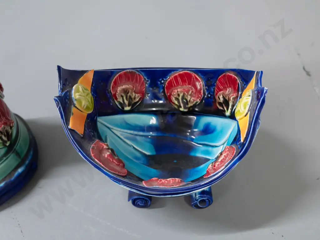 2 Katie Gold Nelson NZ studio pottery pieces - floral motif hand formed tall waisted vase H-410 and a small footed bowl Image 1++