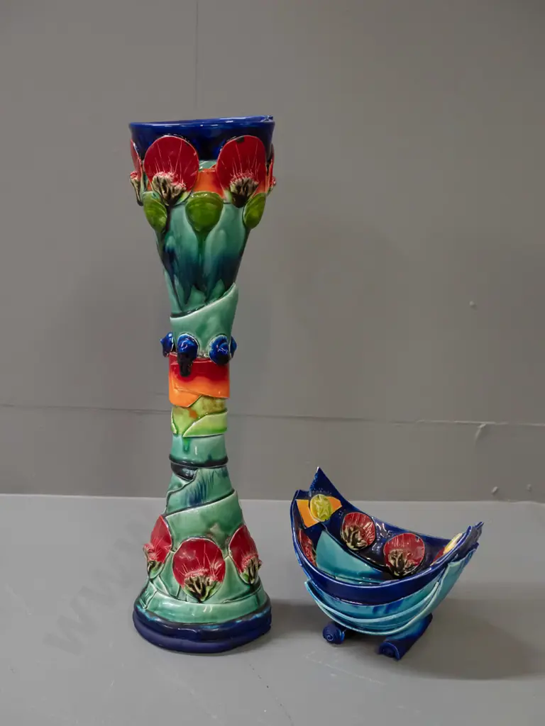 2 Katie Gold Nelson NZ studio pottery pieces - floral motif hand formed tall waisted vase H-410 and a small footed bowl Image 1++