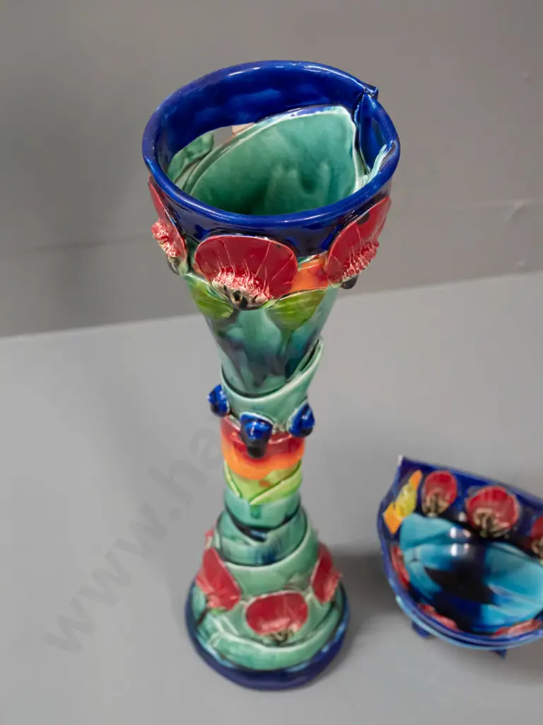 2 Katie Gold Nelson NZ studio pottery pieces - floral motif hand formed tall waisted vase H-410 and a small footed bowl Image 1++