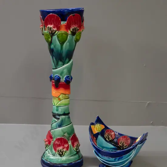 2 Katie Gold Nelson NZ studio pottery pieces - floral motif hand formed tall waisted vase H-410 and a small footed bowl