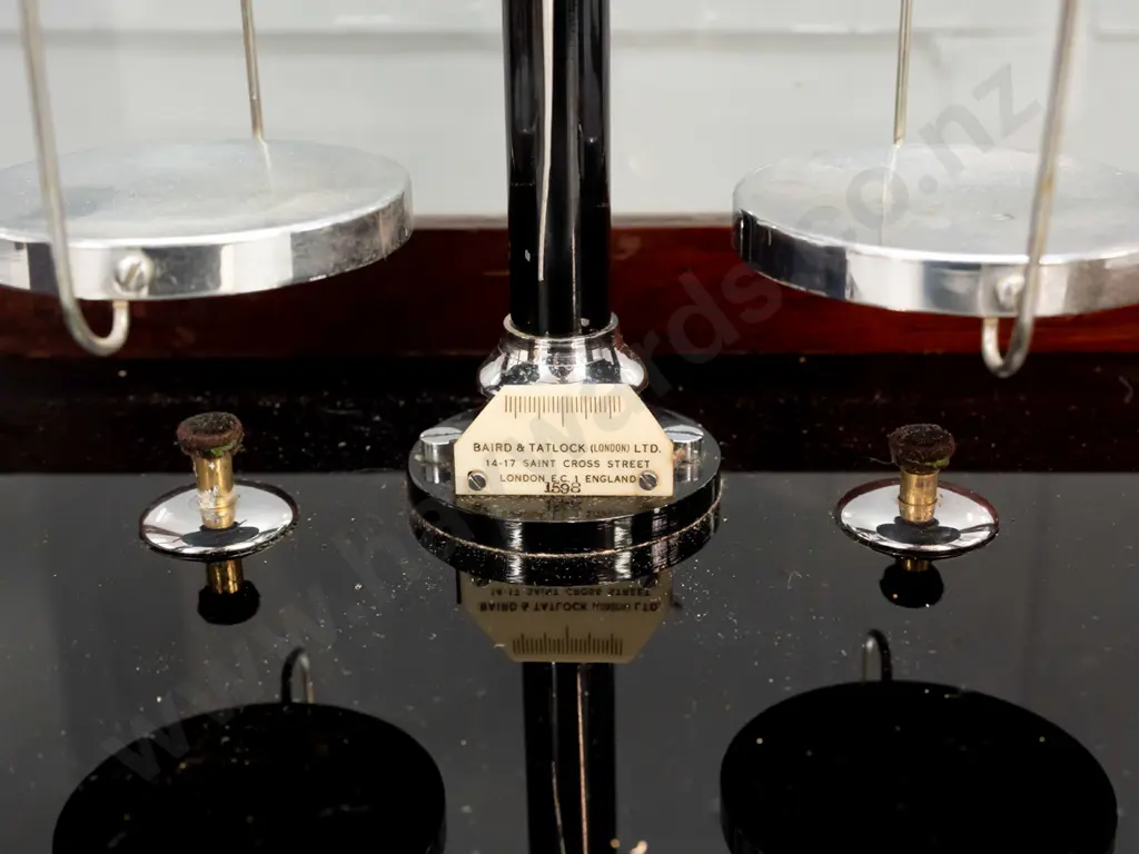 vintage precision balance scales in glazed timber case - scale and case marked Baird and Tatlock, London - minor wear, Image 1++