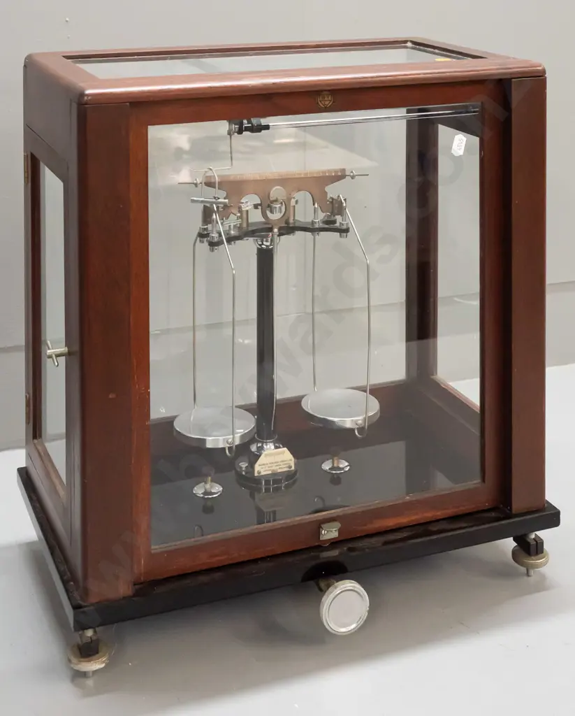 vintage precision balance scales in glazed timber case - scale and case marked Baird and Tatlock, London - minor wear, Image 1++