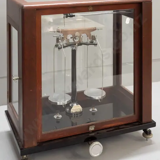 vintage precision balance scales in glazed timber case - scale and case marked Baird and Tatlock, London - minor wear,