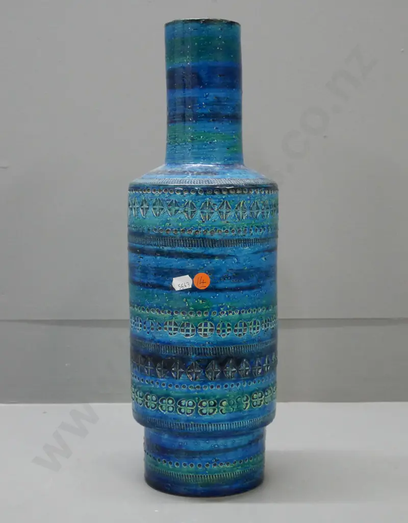 Bitossi blue and green bottle vase with impressed geometric patterns. Rim chip to base. H-430 D-140 Image 1++
