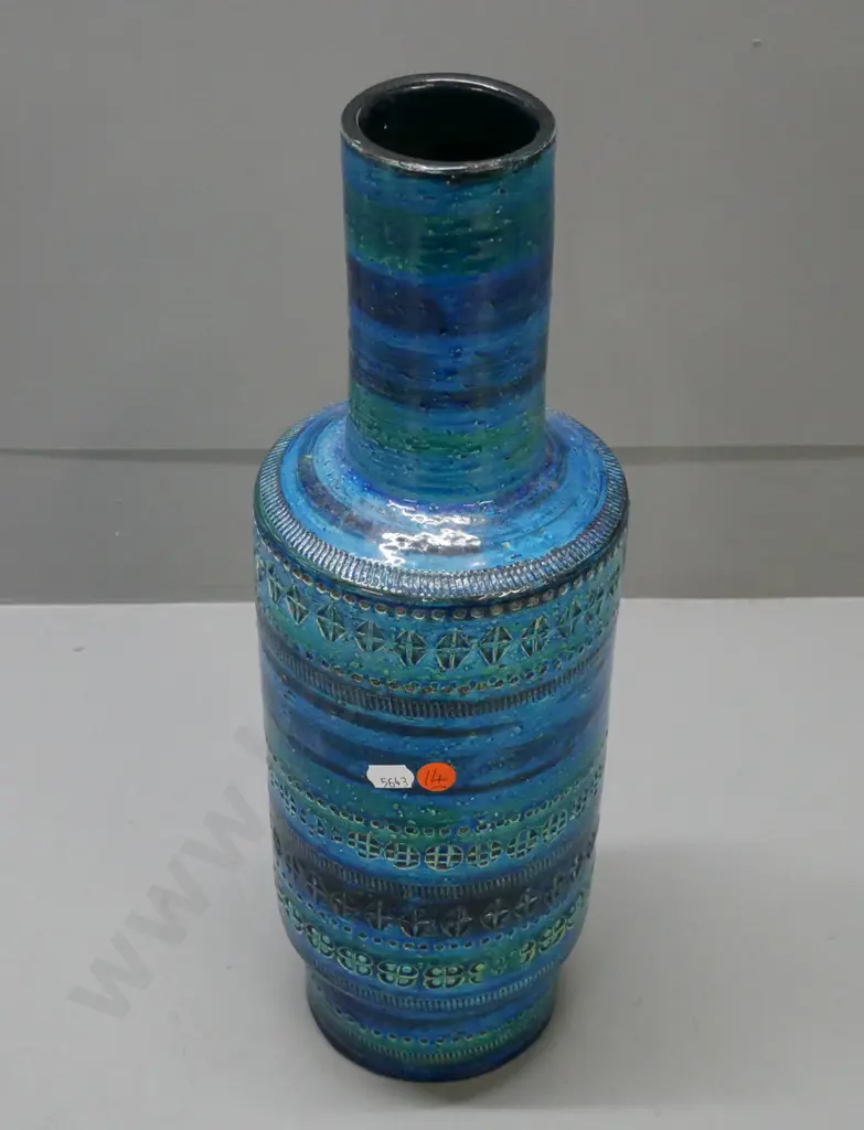 Bitossi blue and green bottle vase with impressed geometric patterns. Rim chip to base. H-430 D-140 Image 1++