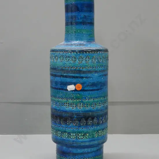Bitossi blue and green bottle vase with impressed geometric patterns. Rim chip to base. H-430 D-140