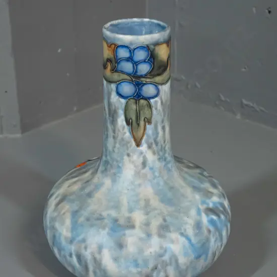 vintage large Cranston Pottery Tukan mottled blue & grey vase with tube-lined decoration H-310 D-210 at widest