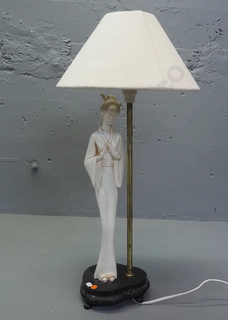 figural table lamp with composite Japanese style figure on composite base, brass finish lamp support - some staining and Image 1++