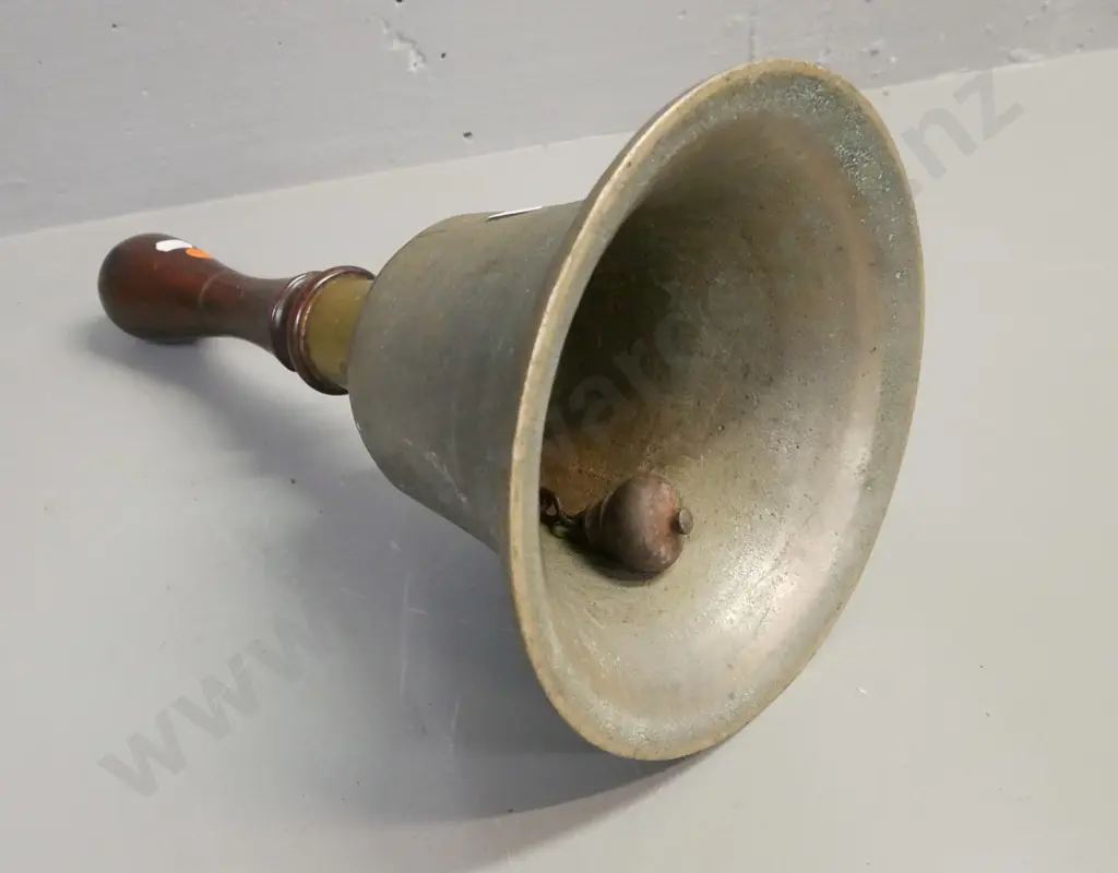 Large vintage cast brass bell w/ hardwood handle. Some corrosion and pitting. H-390 D-200 Image 1++
