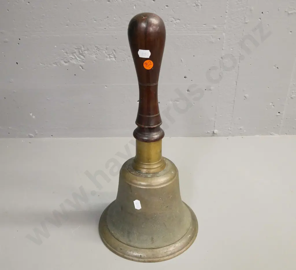 Large vintage cast brass bell w/ hardwood handle. Some corrosion and pitting. H-390 D-200 Image 1++