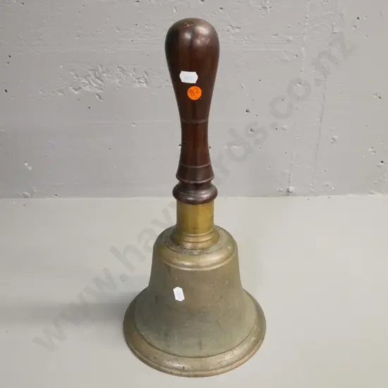 Large vintage cast brass bell w/ hardwood handle. Some corrosion and pitting. H-390 D-200