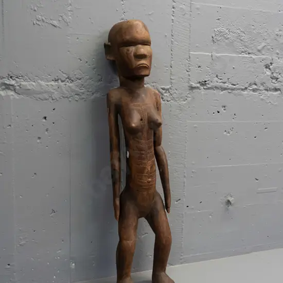 African (Congo) carved timber figure - standing pose, but does not stand without support. Chips to ears, crack in head,