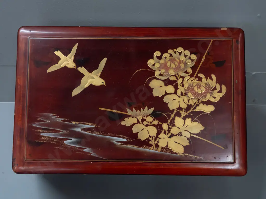 Chinese red lacquered writing box with gilded bird & flower decoration, black lacquer inside - inner tray loose, missing Image 1++