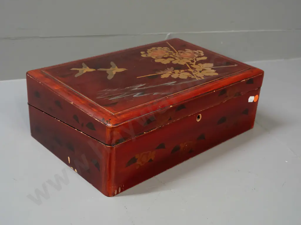 Chinese red lacquered writing box with gilded bird & flower decoration, black lacquer inside - inner tray loose, missing Image 1++