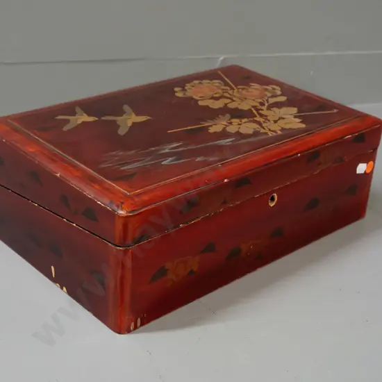 Chinese red lacquered writing box with gilded bird & flower decoration, black lacquer inside - inner tray loose, missing