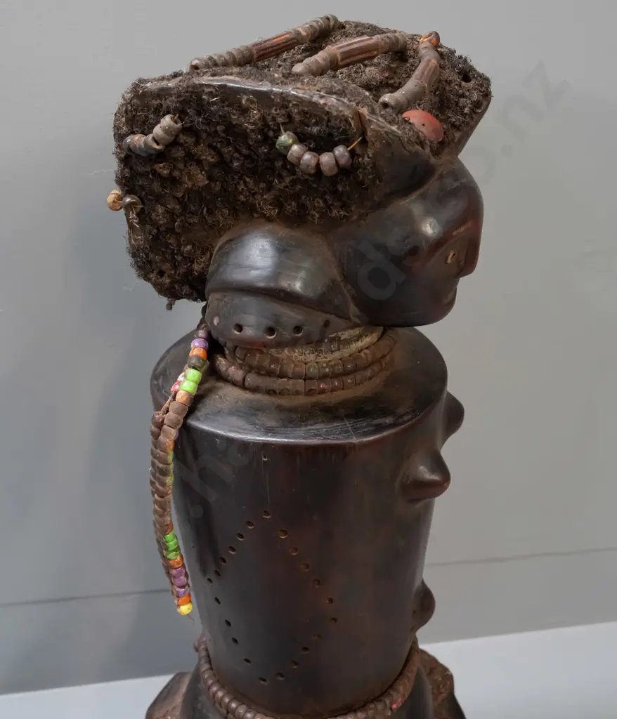 large carved hardwood tribal standing figure - Fang tribe, Gabon - decorated w/ glass beads, wool or hair, glass eyes. Image 1++