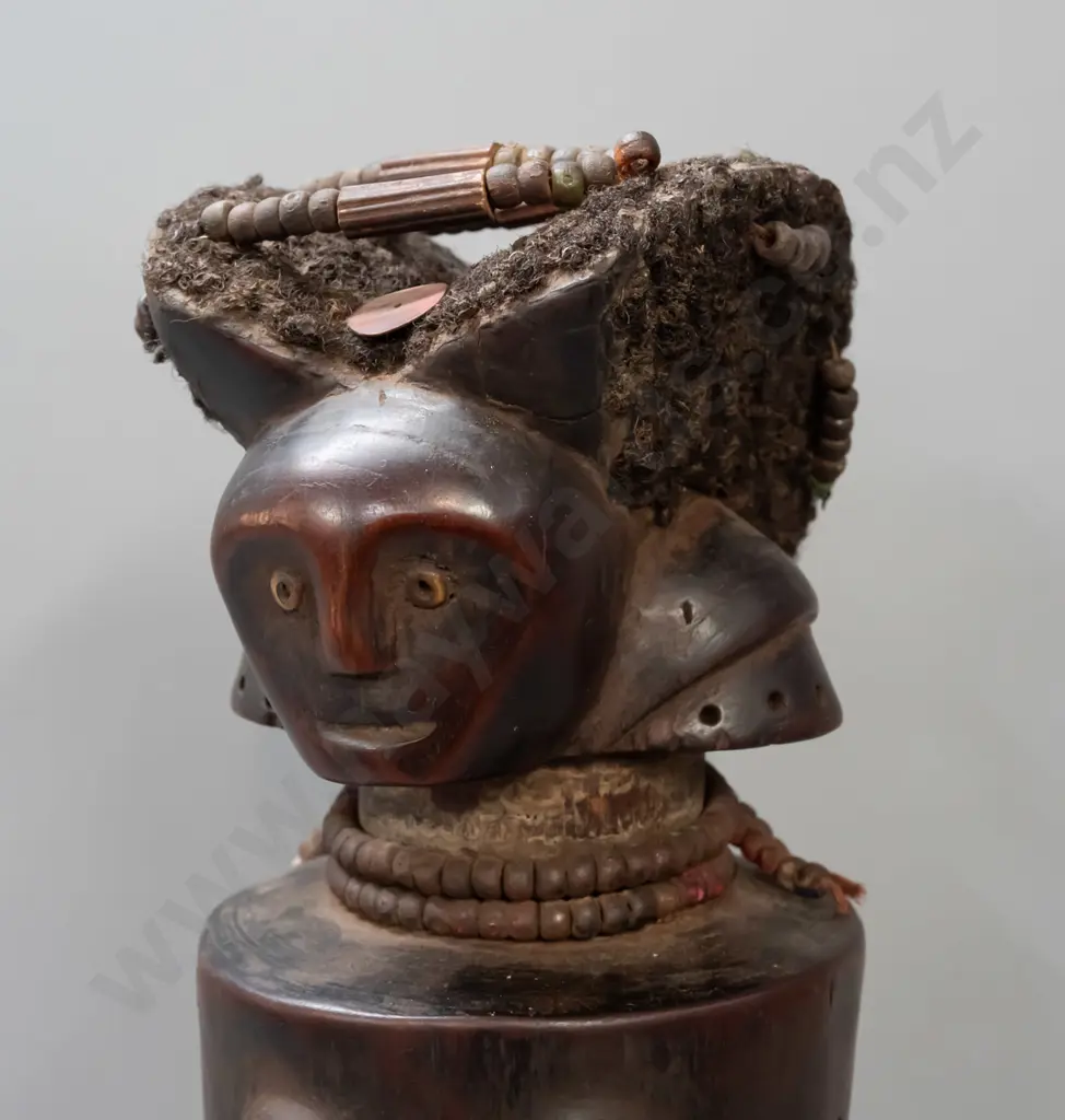 large carved hardwood tribal standing figure - Fang tribe, Gabon - decorated w/ glass beads, wool or hair, glass eyes. Image 1++