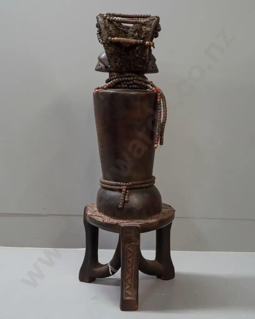 large carved hardwood tribal standing figure - Fang tribe, Gabon - decorated w/ glass beads, wool or hair, glass eyes. Image 1++