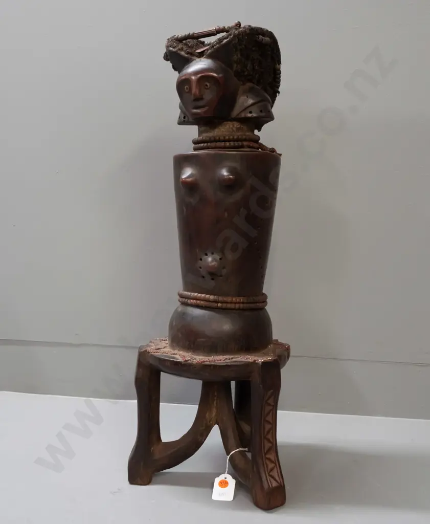 large carved hardwood tribal standing figure - Fang tribe, Gabon - decorated w/ glass beads, wool or hair, glass eyes. Image 1++
