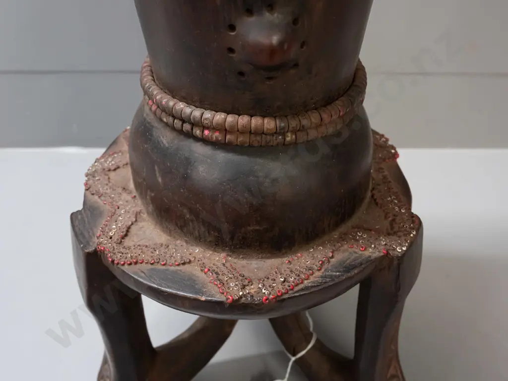 large carved hardwood tribal standing figure - Fang tribe, Gabon - decorated w/ glass beads, wool or hair, glass eyes. Image 1++