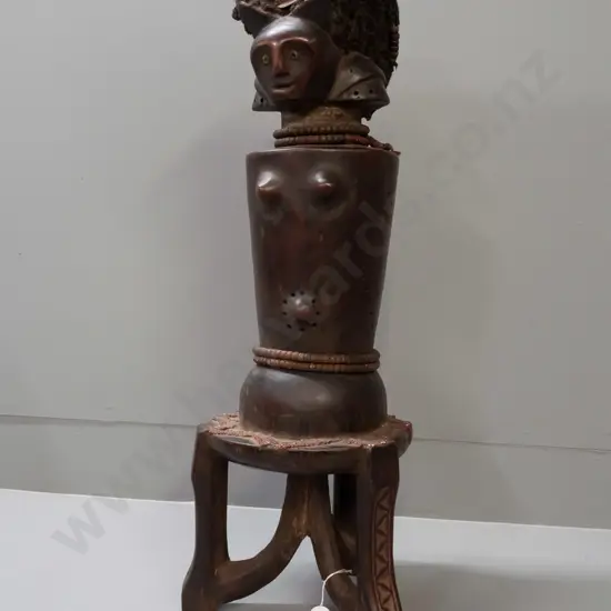 large carved hardwood tribal standing figure - Fang tribe, Gabon - decorated w/ glass beads, wool or hair, glass eyes.
