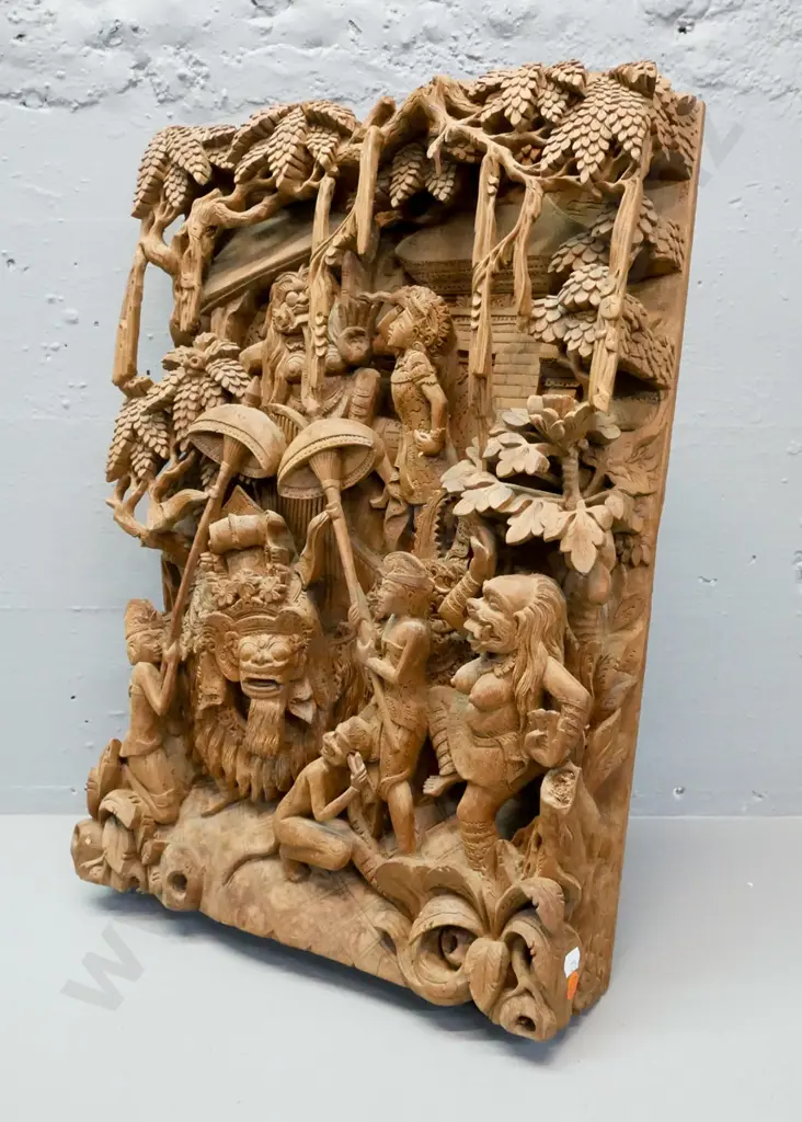 vintage Southeast Asian carved wooden scene depicting mythical beasts Image 1++