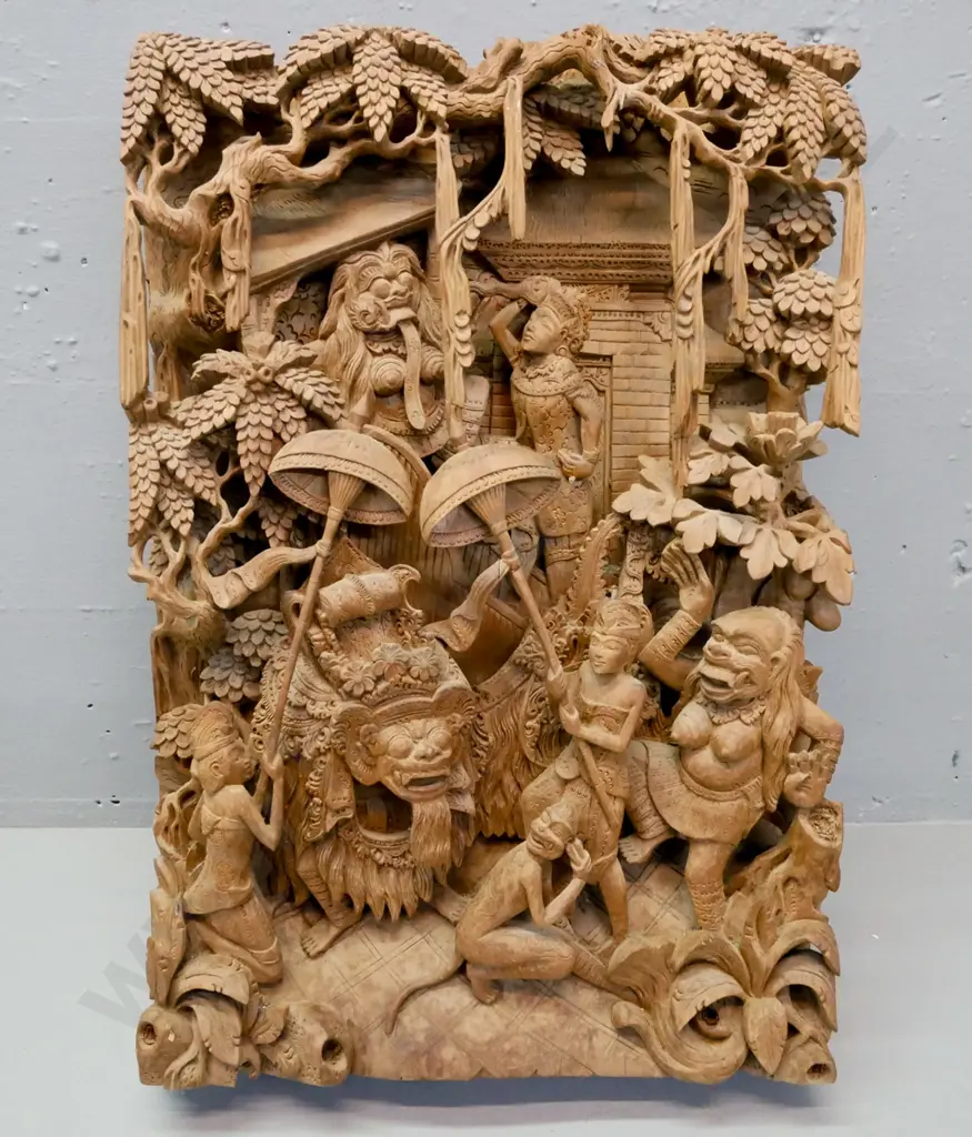 vintage Southeast Asian carved wooden scene depicting mythical beasts Image 1++