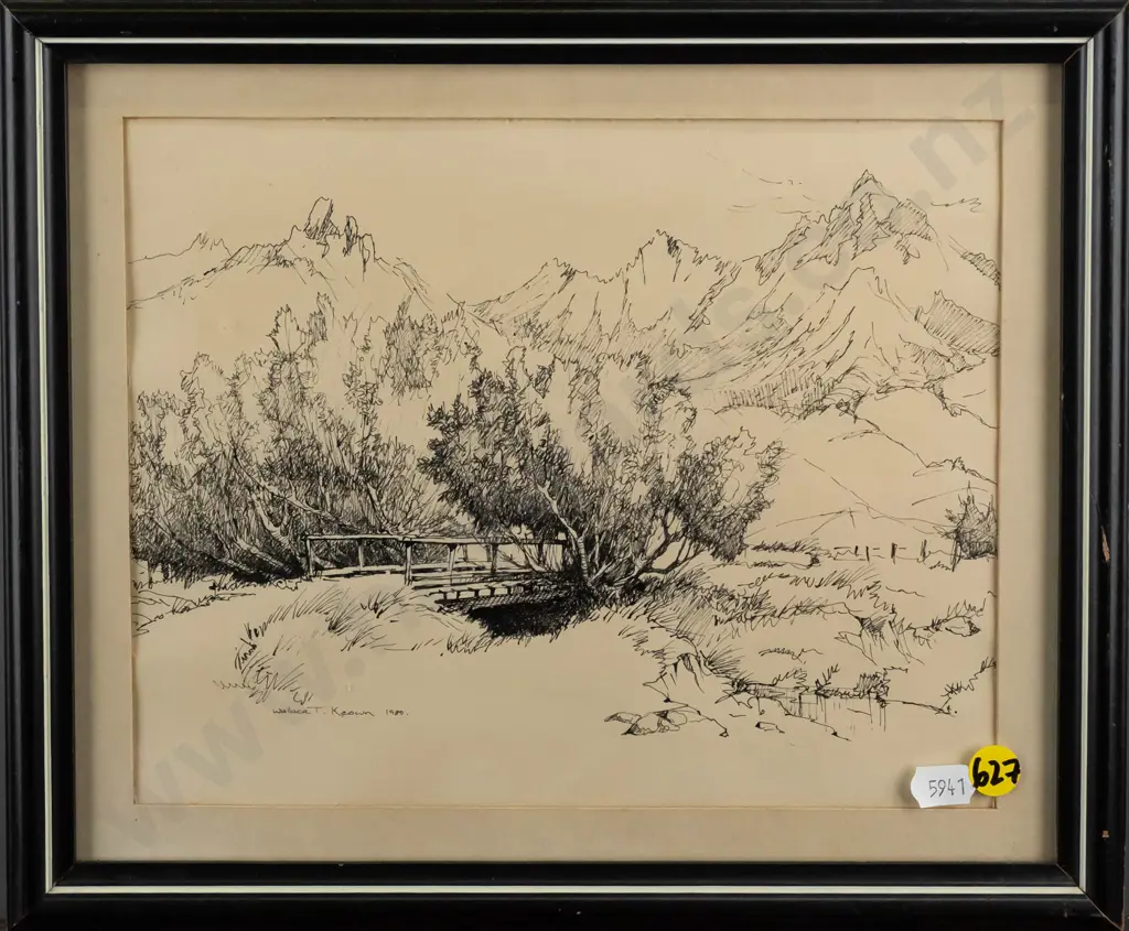 Wallace T Keown  1980 - framed ink "Old Bridge Burwood" H-180 W-230 Image 1++