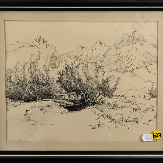 Wallace T Keown  1980 - framed ink "Old Bridge Burwood" H-180 W-230