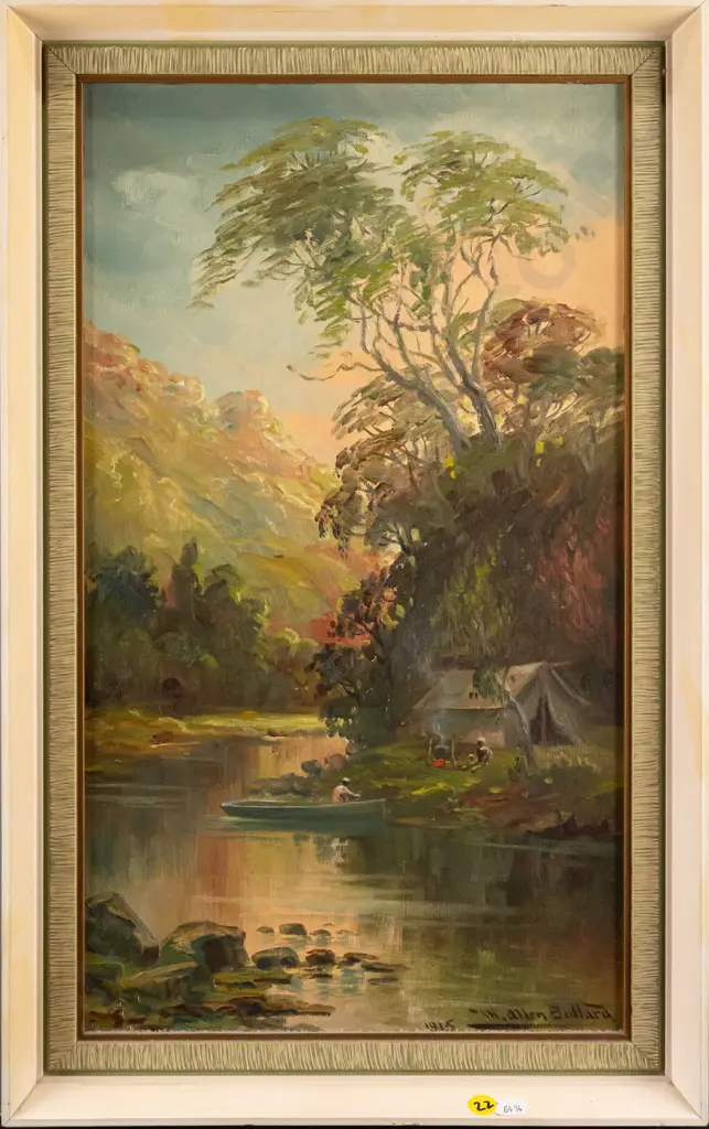 W Allen Bollard 1915 - framed oil on board "Camp at Catlins" H470 W270 Image 1++