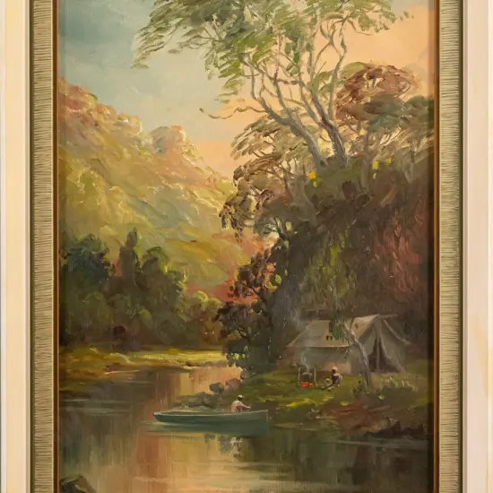 W Allen Bollard 1915 - framed oil on board "Camp at Catlins" H470 W270