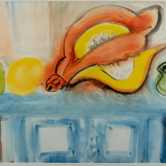 Ann Rush '84 - framed watercolour - still life items - H530 W730