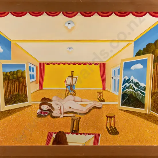 M Morgan - framed acrylic on board "Opposite reflections" H390 W590