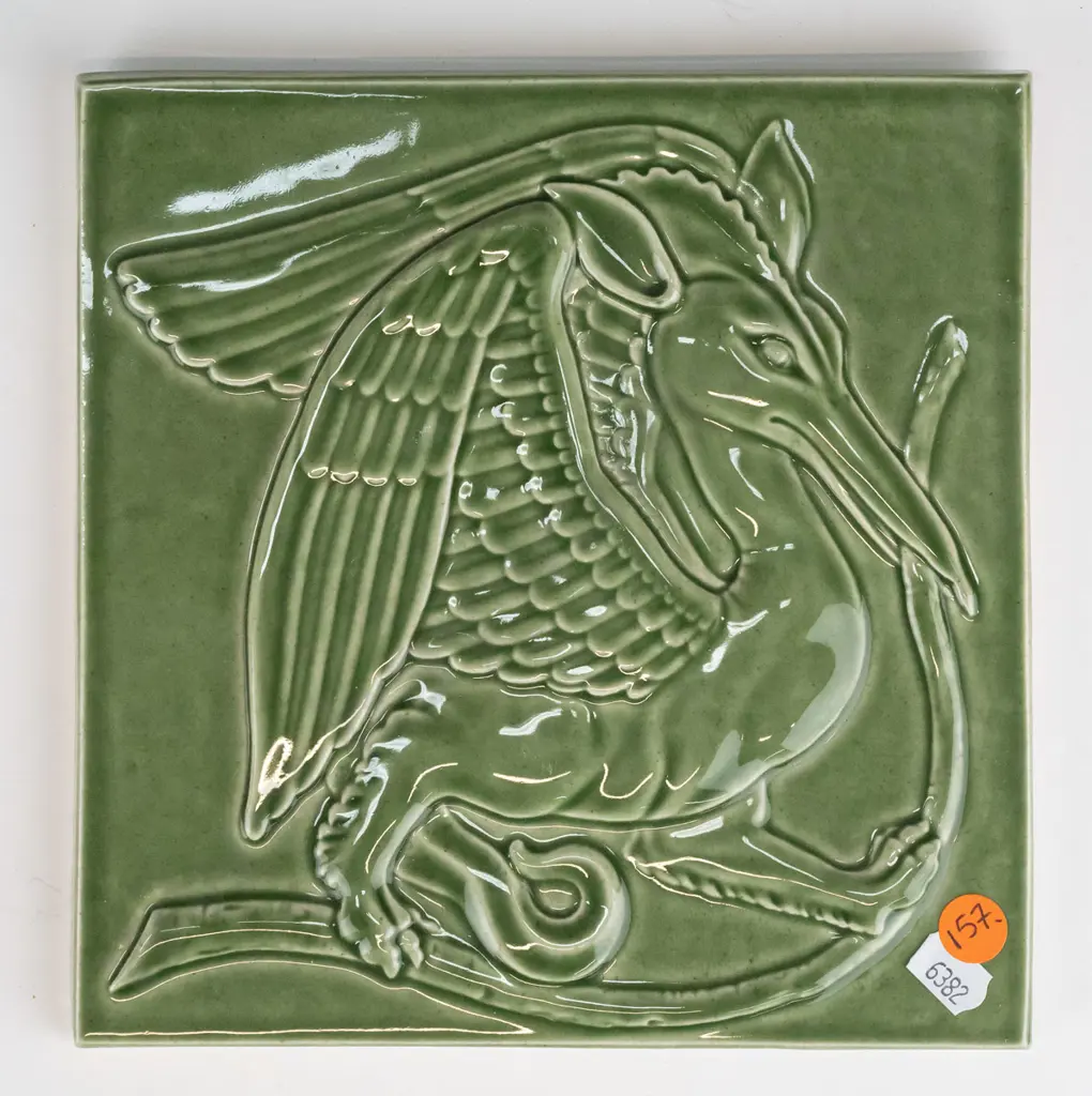 Marcus Wainwright small ceramic tile with mythical dragon figure, dated 2009, green glaze 200 x 200. Image 1++